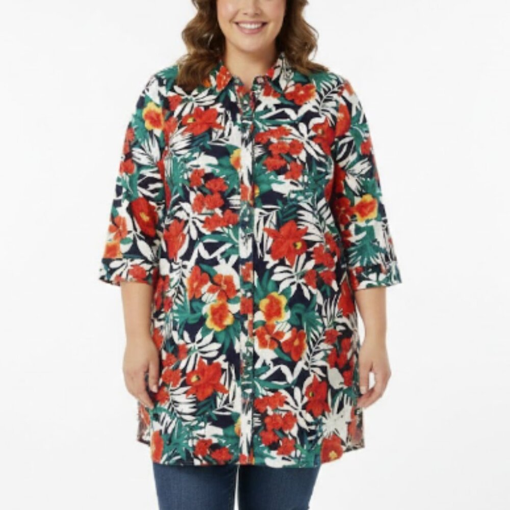 Jessica London Red Green Floral Linen Blend Button Down size 18